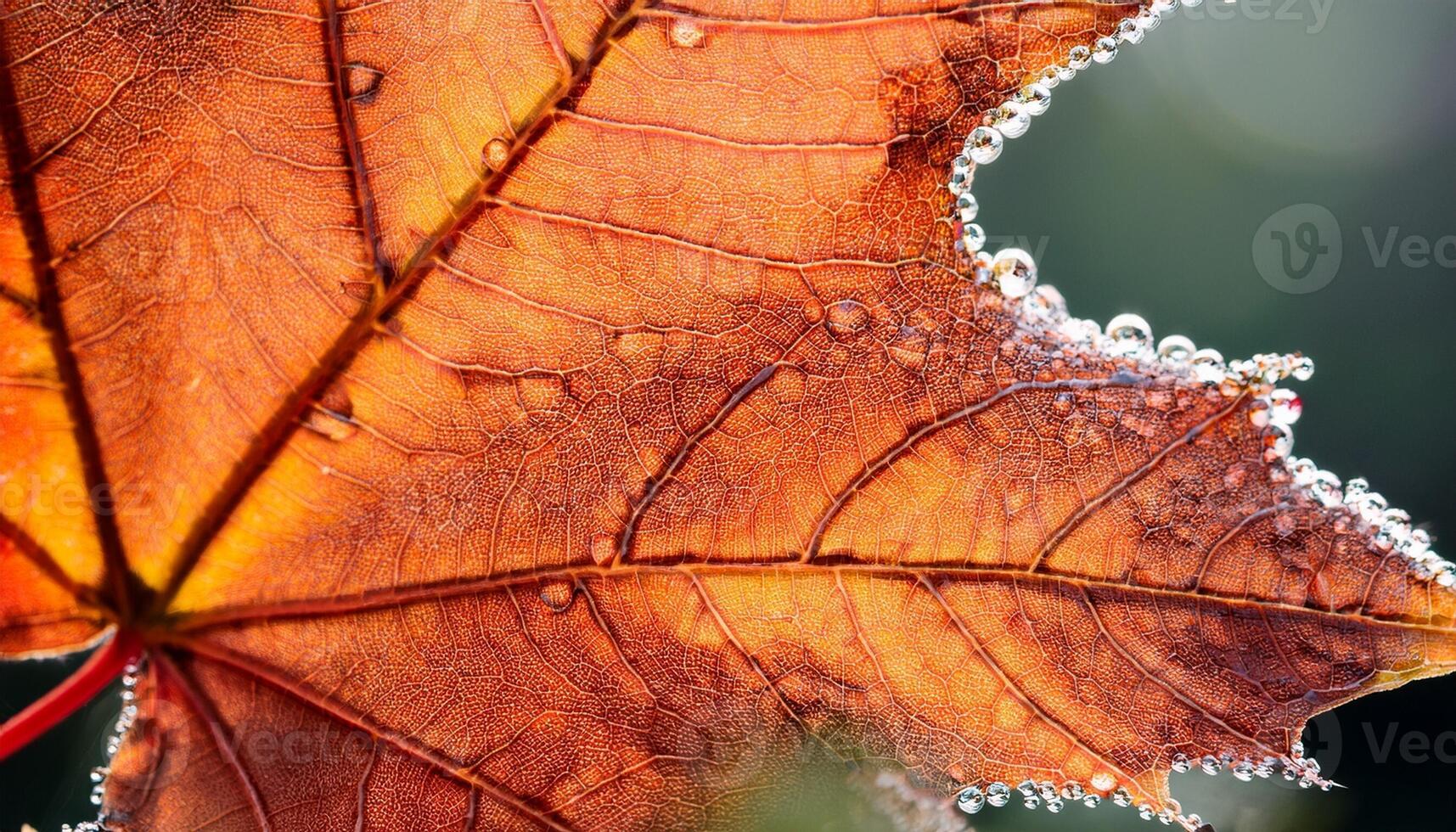 Close-up View of an Autumn Leaf With Dew Droplets Glistening in the Morning Light photo