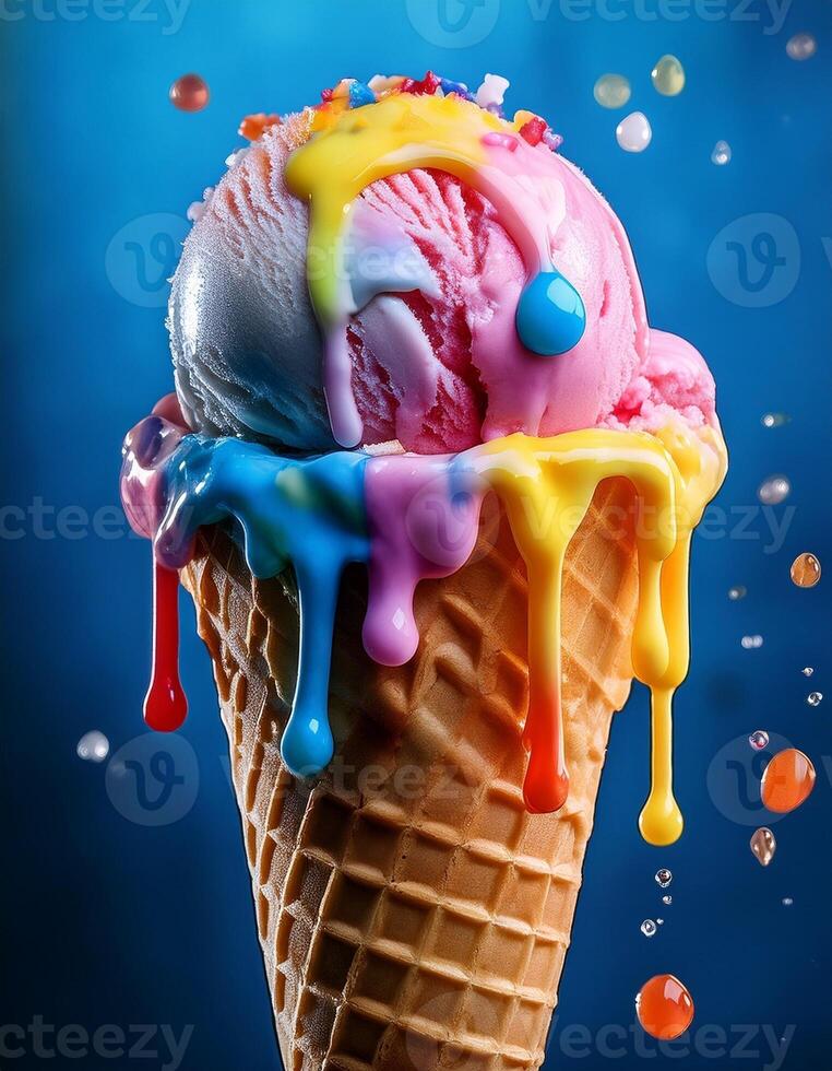 Colorful Ice Cream Cone With Drizzling Toppings Against a Vibrant Blue Background photo