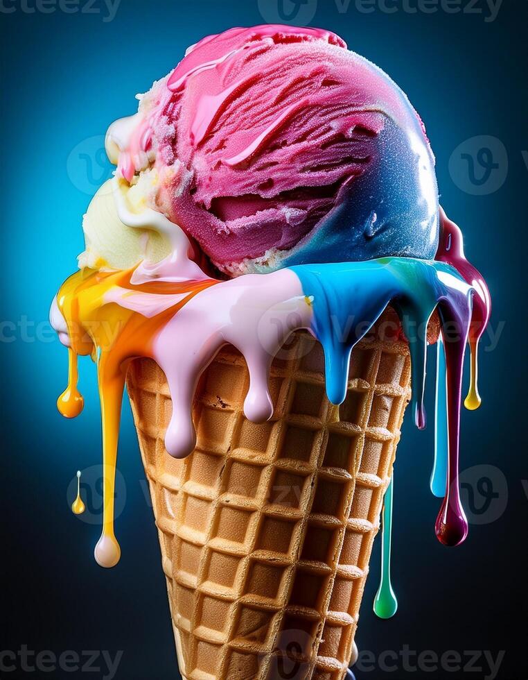 Colorful Ice Cream Cone With Vibrant Melting Scoops Against a Dark Blue Background photo