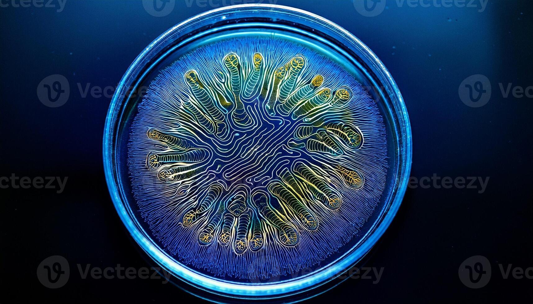 Petri Dish Showcasing Vibrant Bacterial Growth in a Circular Pattern Under Blue Lighting With Detailed Structures photo