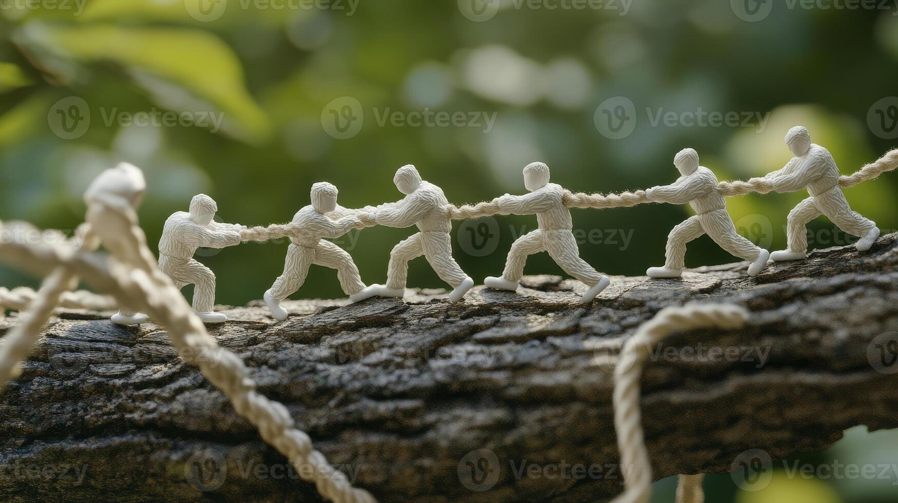 Unity and teamwork are visually represented in this captivating image, showcasing miniature figurines engaged in a collaborative tug of war on a textured tree branch, symbolizing strength in numbers photo