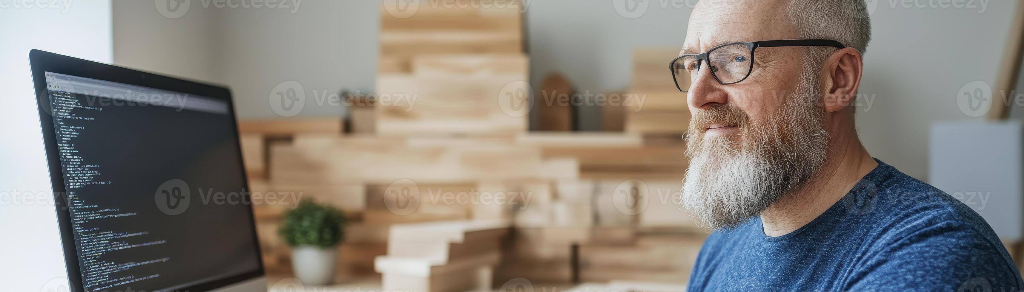 Focused Senior Man Reviewing Code on Computer in Woodworking Studio photo