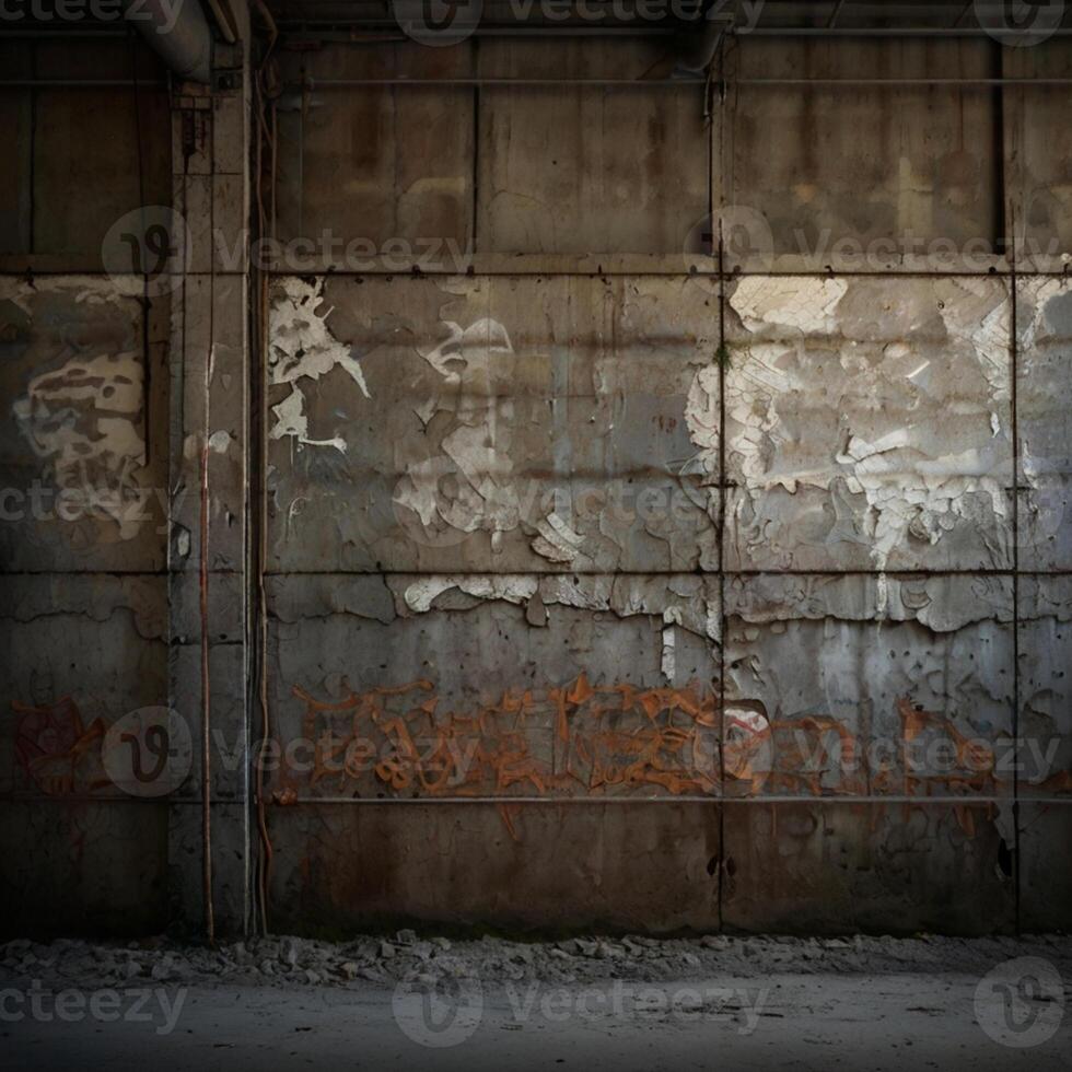 Heavily textured distressed concrete wall with exposed reinforcement steel photo