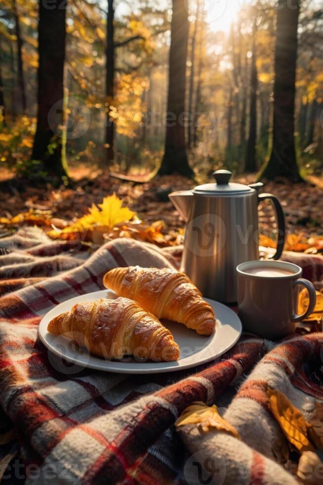 Cozy autumn picnic with hot cocoa and croissants on golden leaves photo