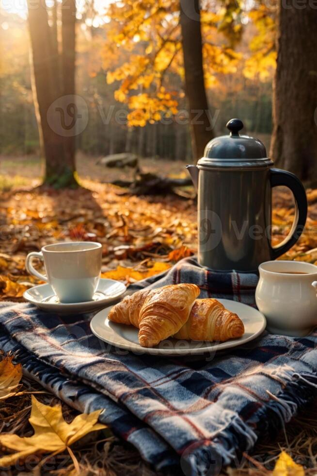 Golden autumn picnic under the trees with hot cocoa and croissants photo