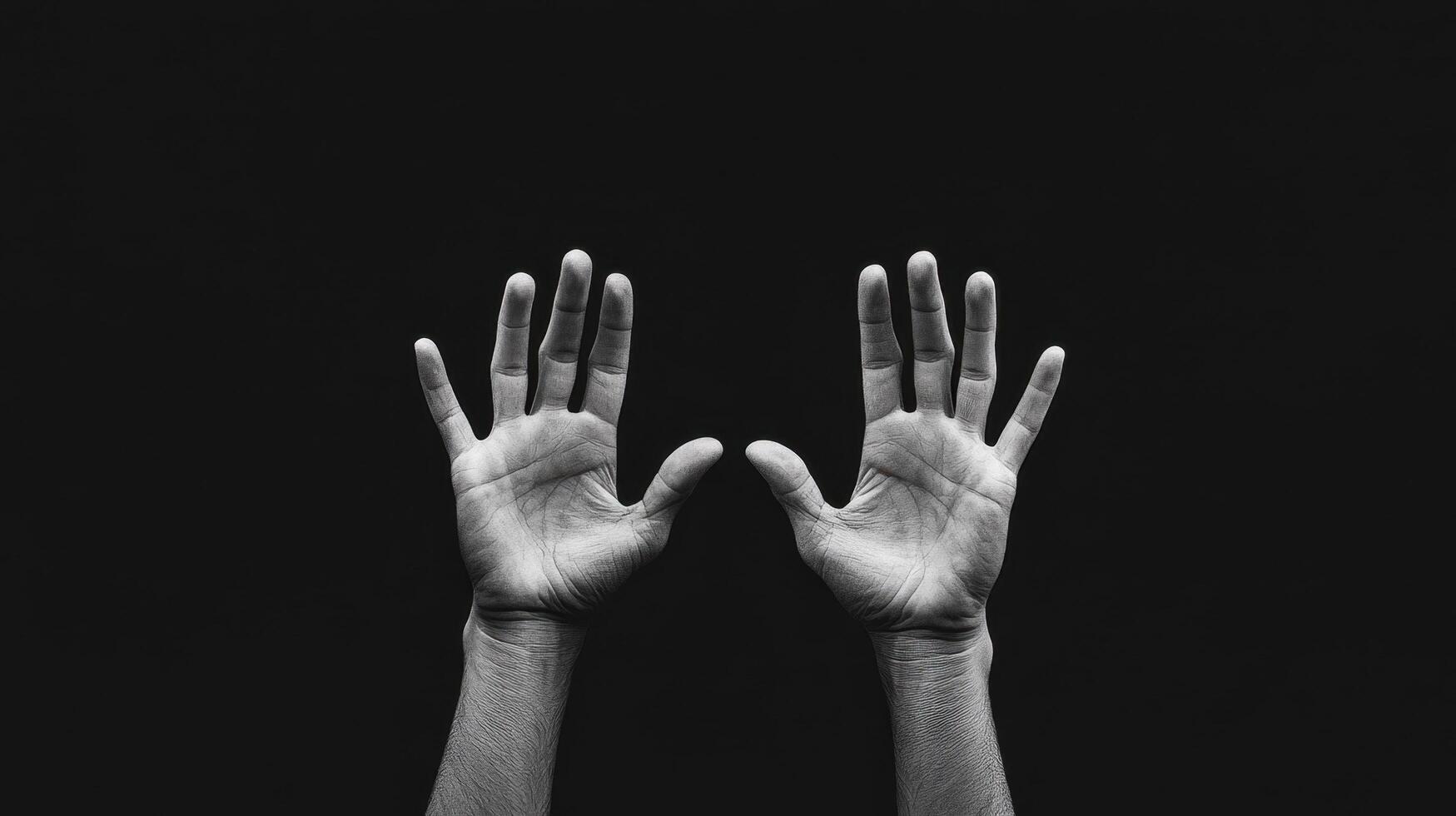 Two hands reaching out against dark background, symbolizing connection and longing. black and white contrast highlights emotional expression and texture of skin photo