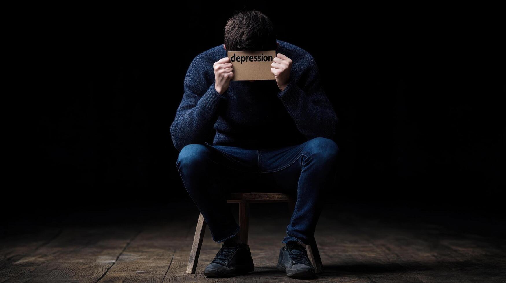 person sits on wooden chair in dark room, holding sign with word depression covering their face, conveying sense of sadness and isolation photo