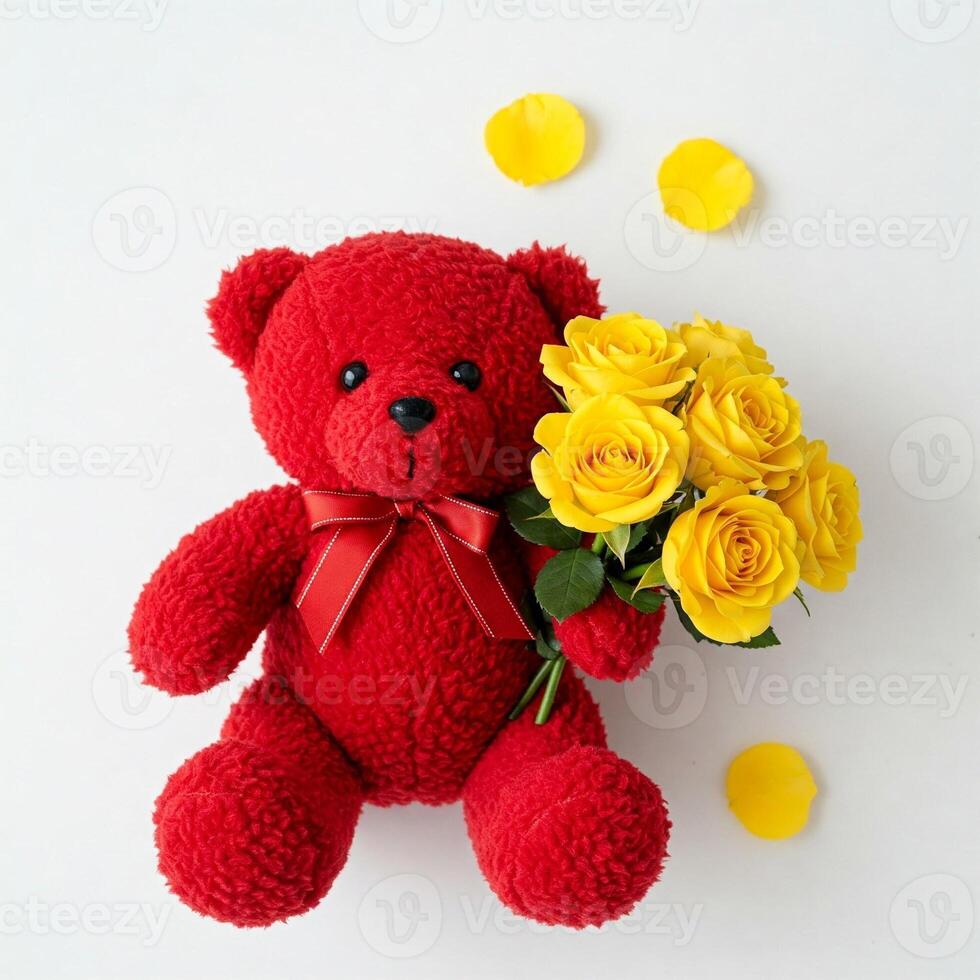 A red teddy bear with yellow roses photo