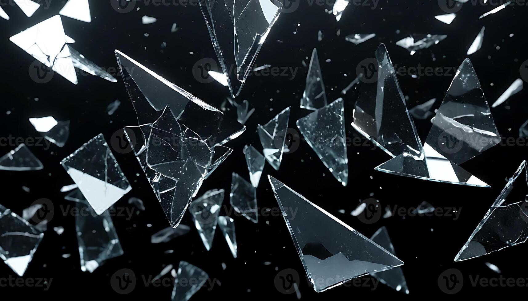 Shattered Glass Pieces Flying on Dark Backdrop with Sharp Edges photo