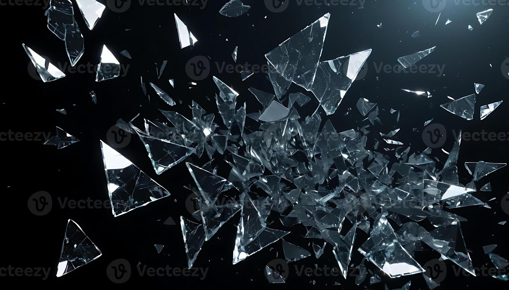 Flying Glass Shards on Black Background Reflecting Light with Sharp Edges photo