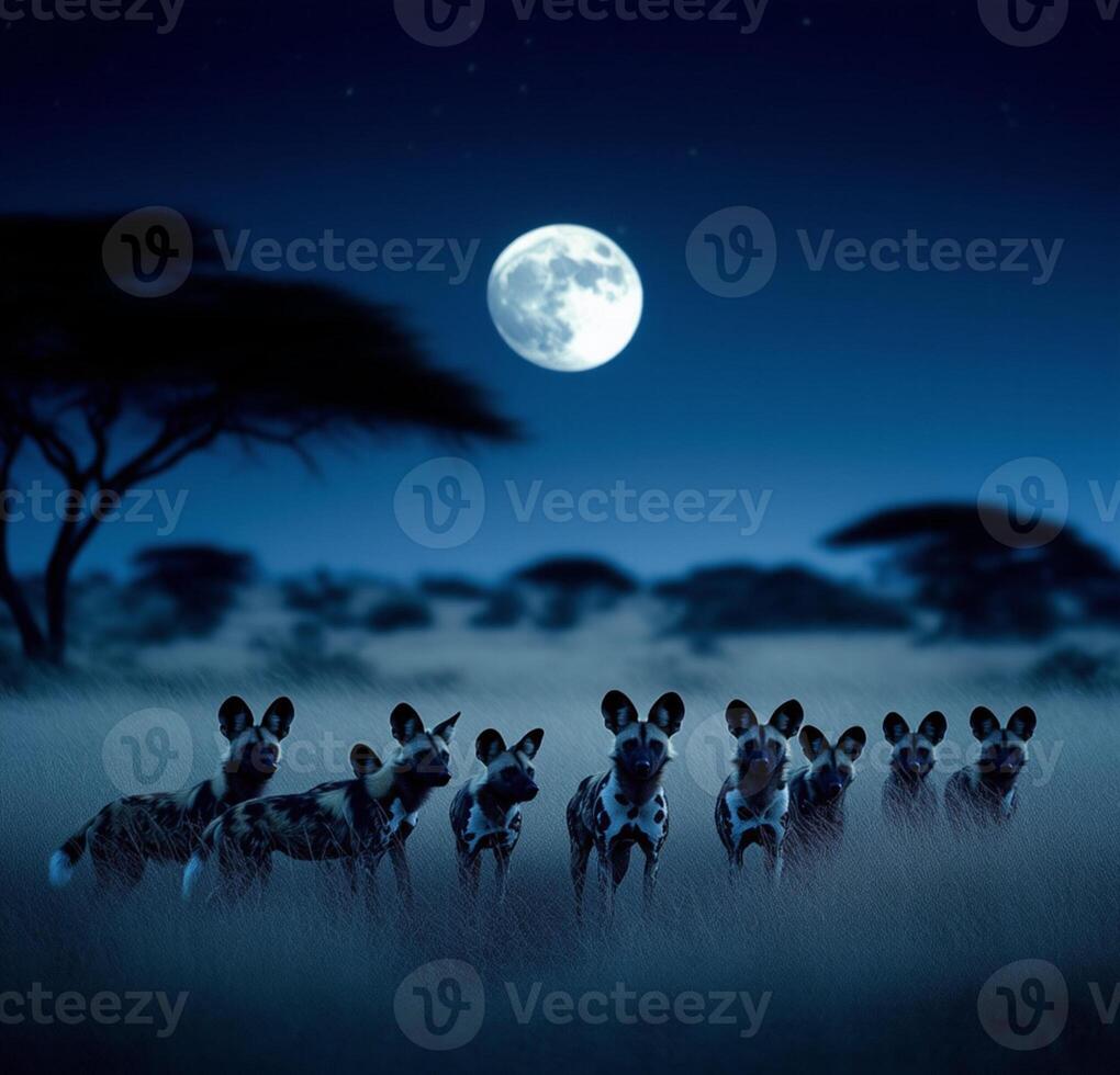Wild dogs in the night with a full moon photo