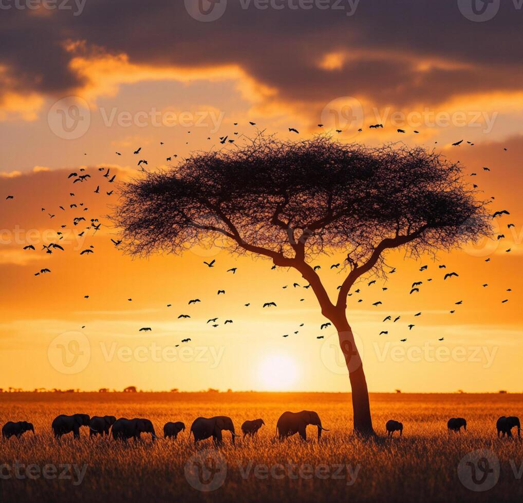 A herd of elephants in the grass at sunset photo