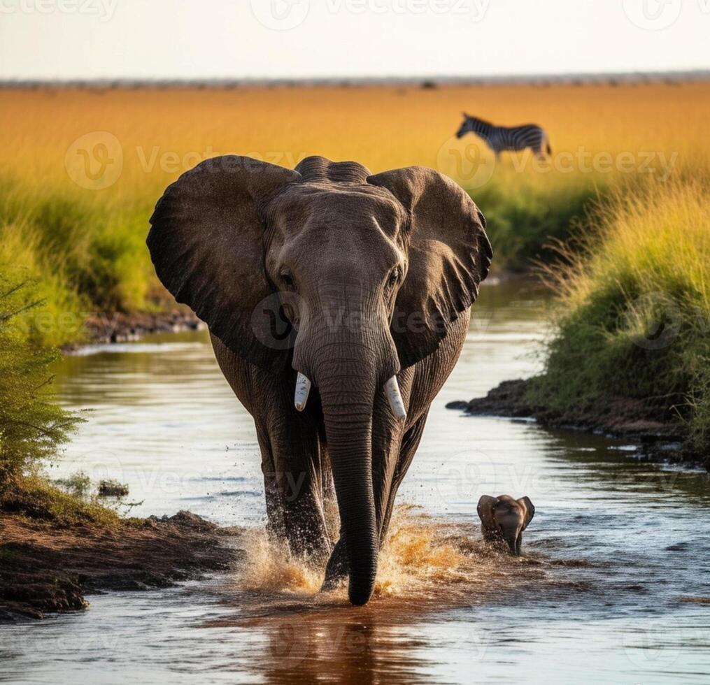 An elephant and a zebra crossing a river photo