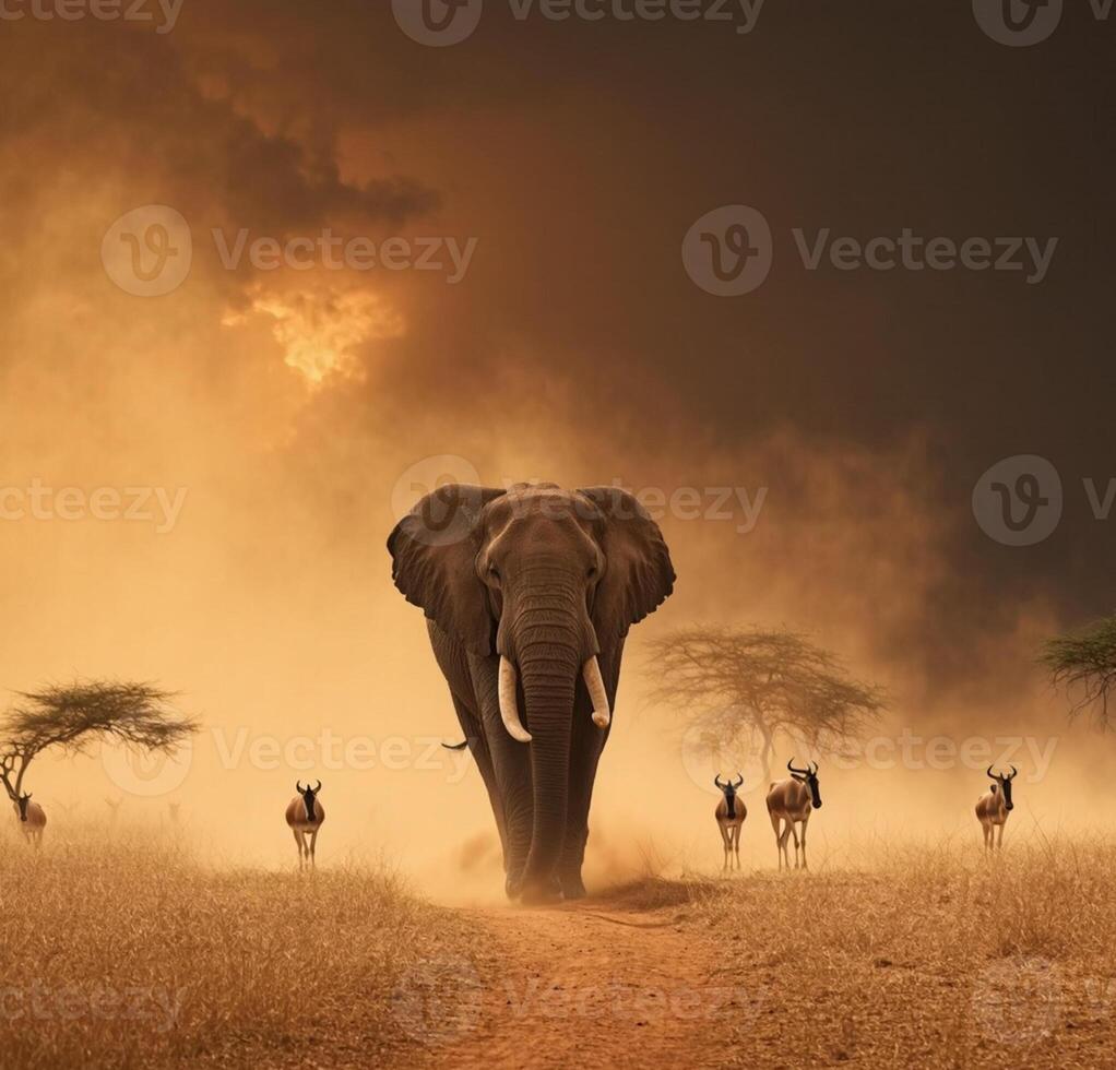 An elephant walks through the savannah with a herd of antelope photo