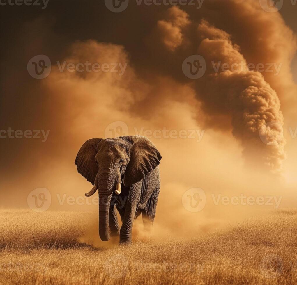 An elephant is walking through a field with smoke coming out of it photo