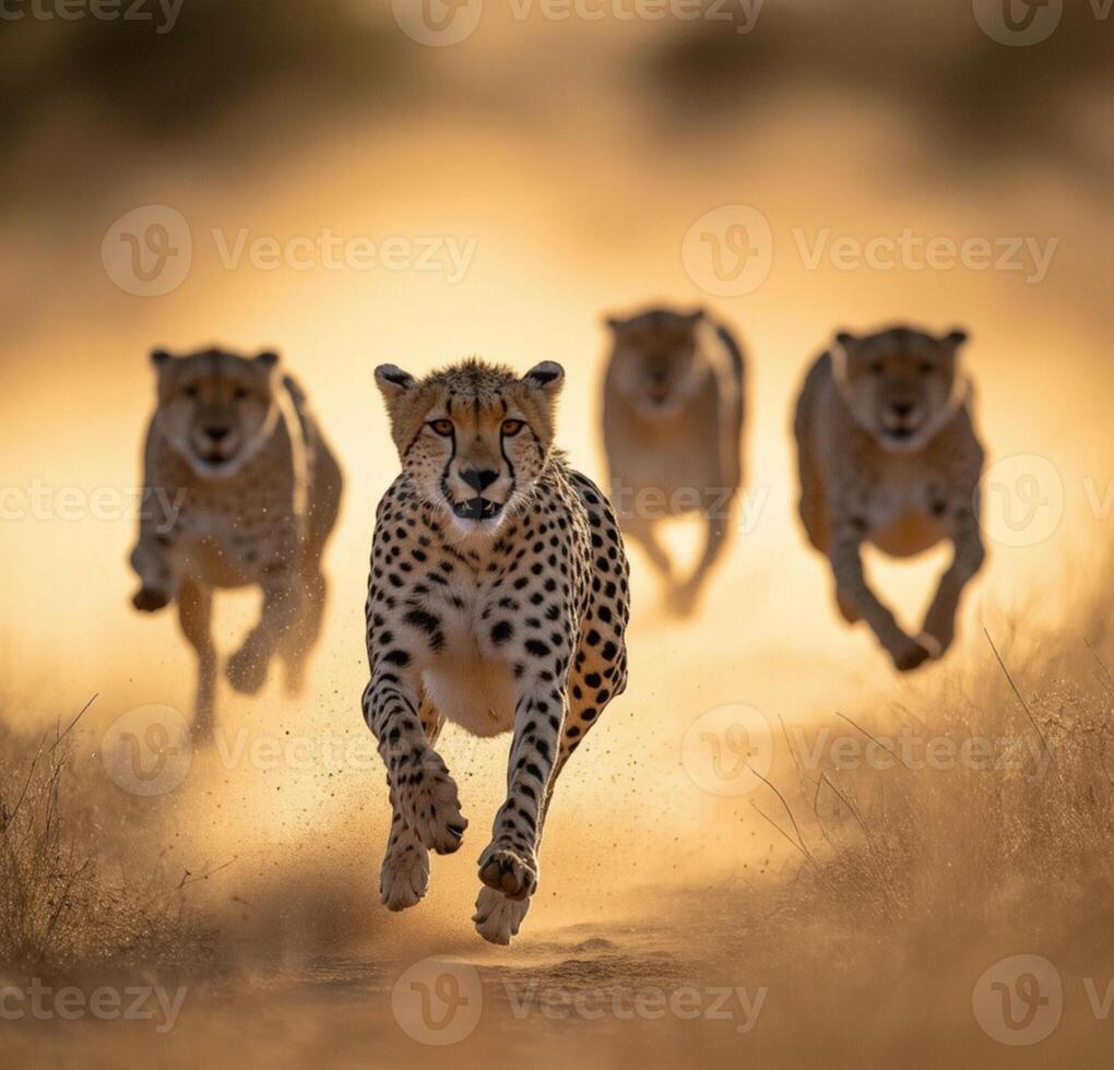 A group of cheetahs running through the desert photo