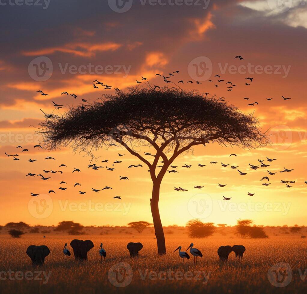 A group of elephants and birds under a tree at sunset photo