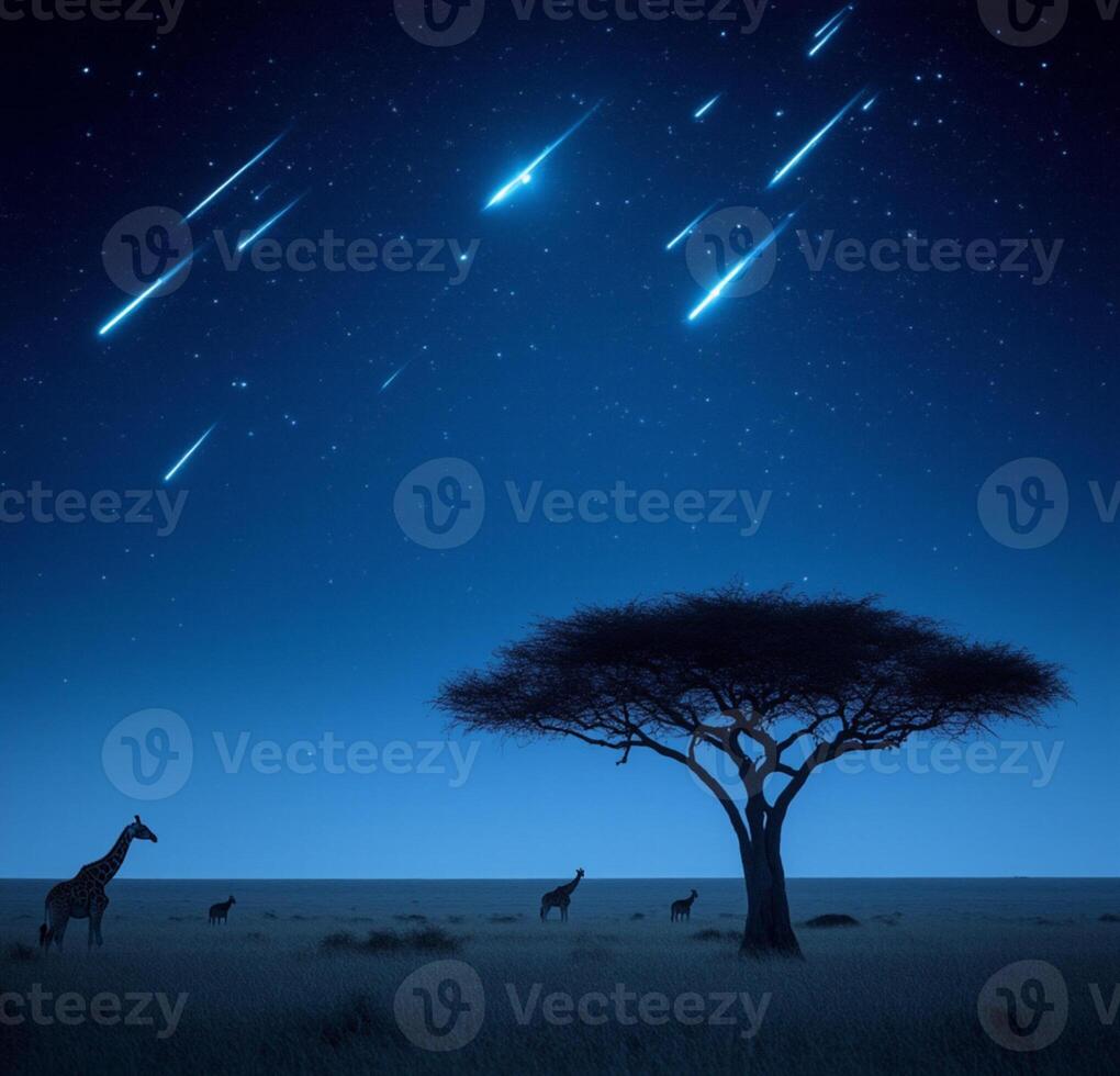 African night sky with giraffe and zebras in the foreground photo