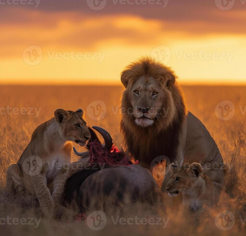 Lions eating a buffalo in the sunset photo