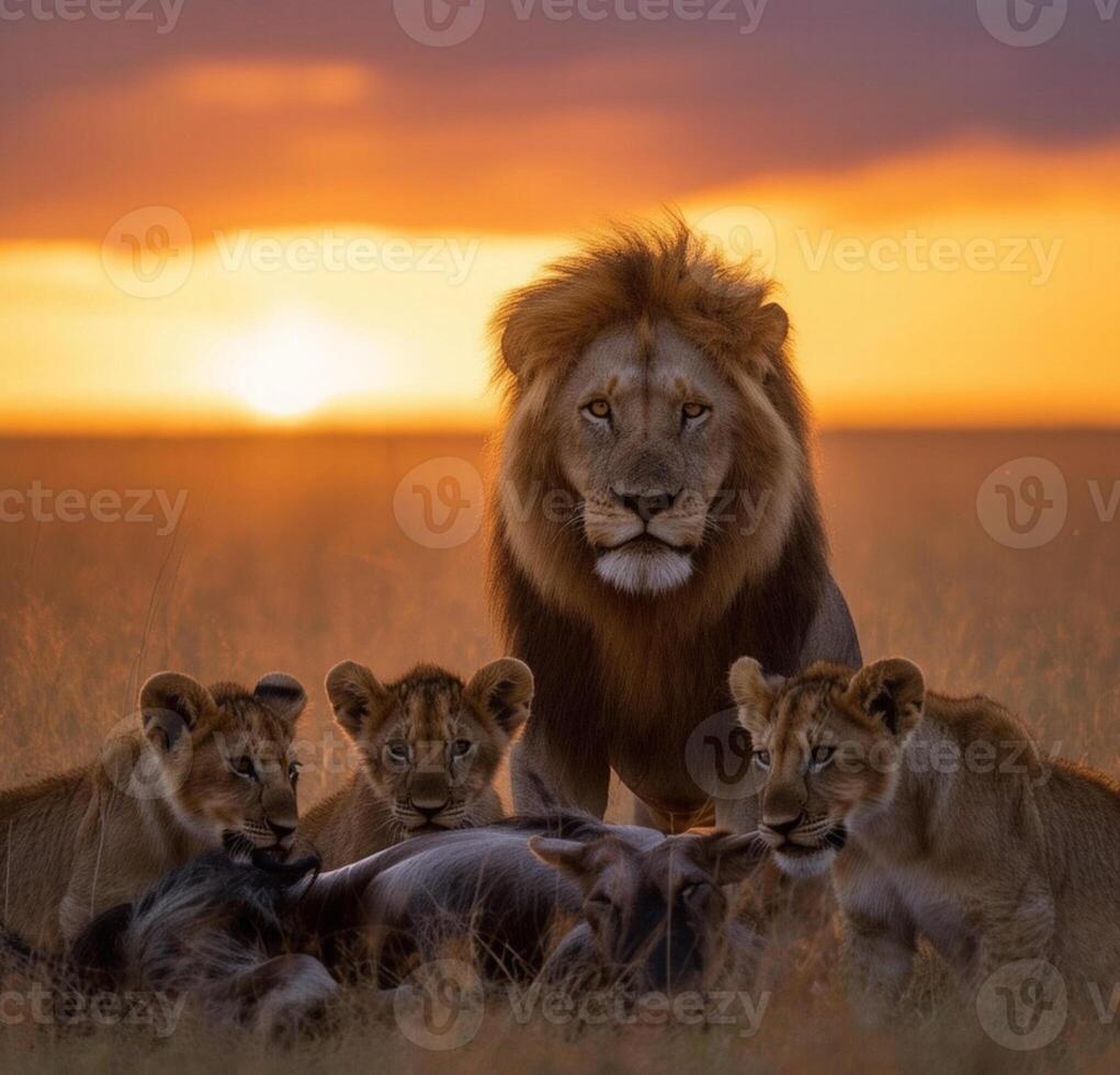 A lion with his family in the wild photo