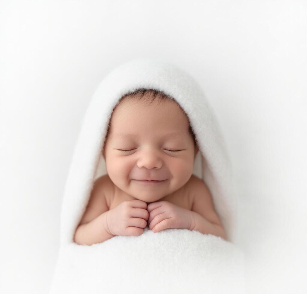 A smiling baby wrapped in a white blanket photo