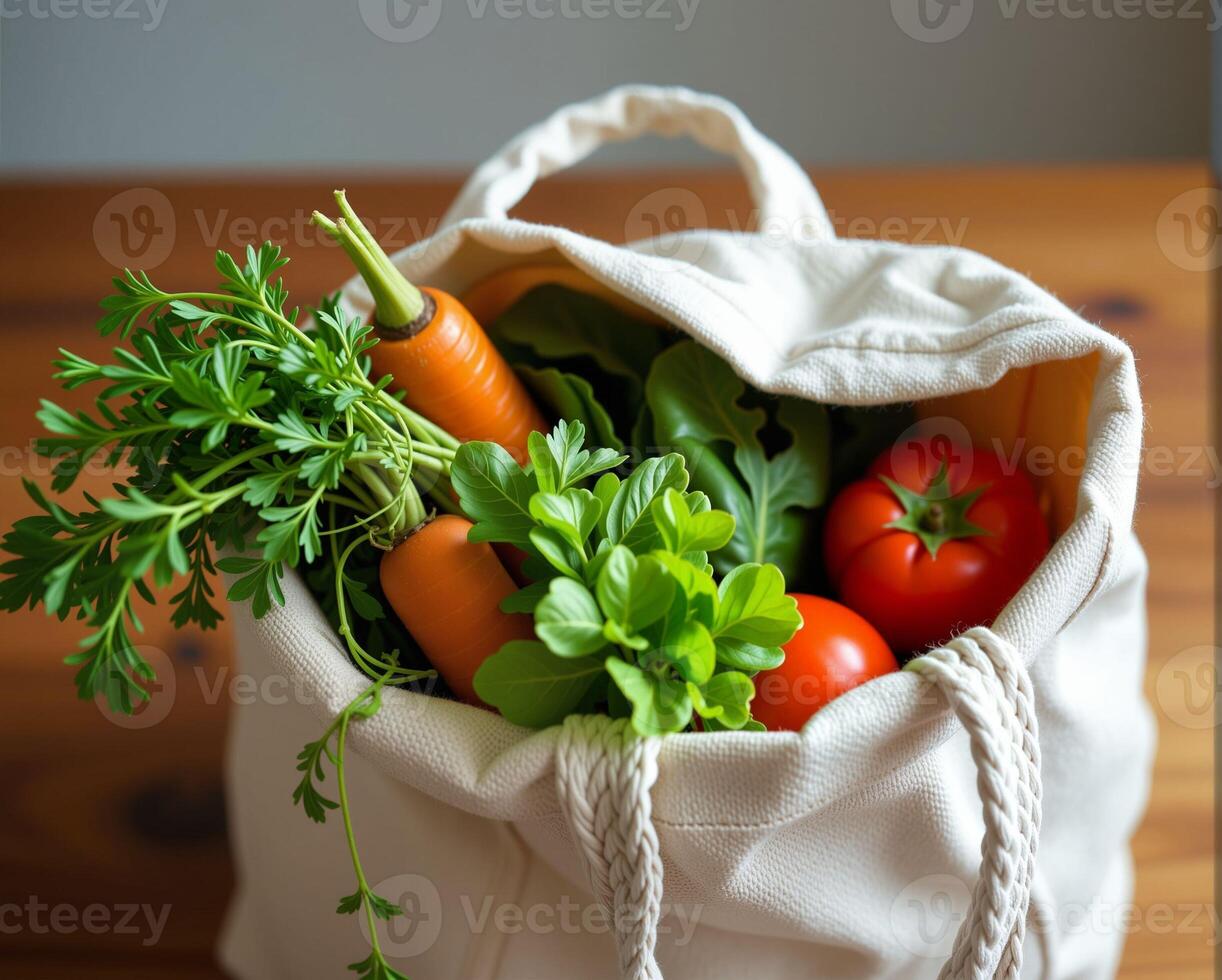 Fresh Organic Vegetables in Grocery Bag on Wooden Table Surface photo