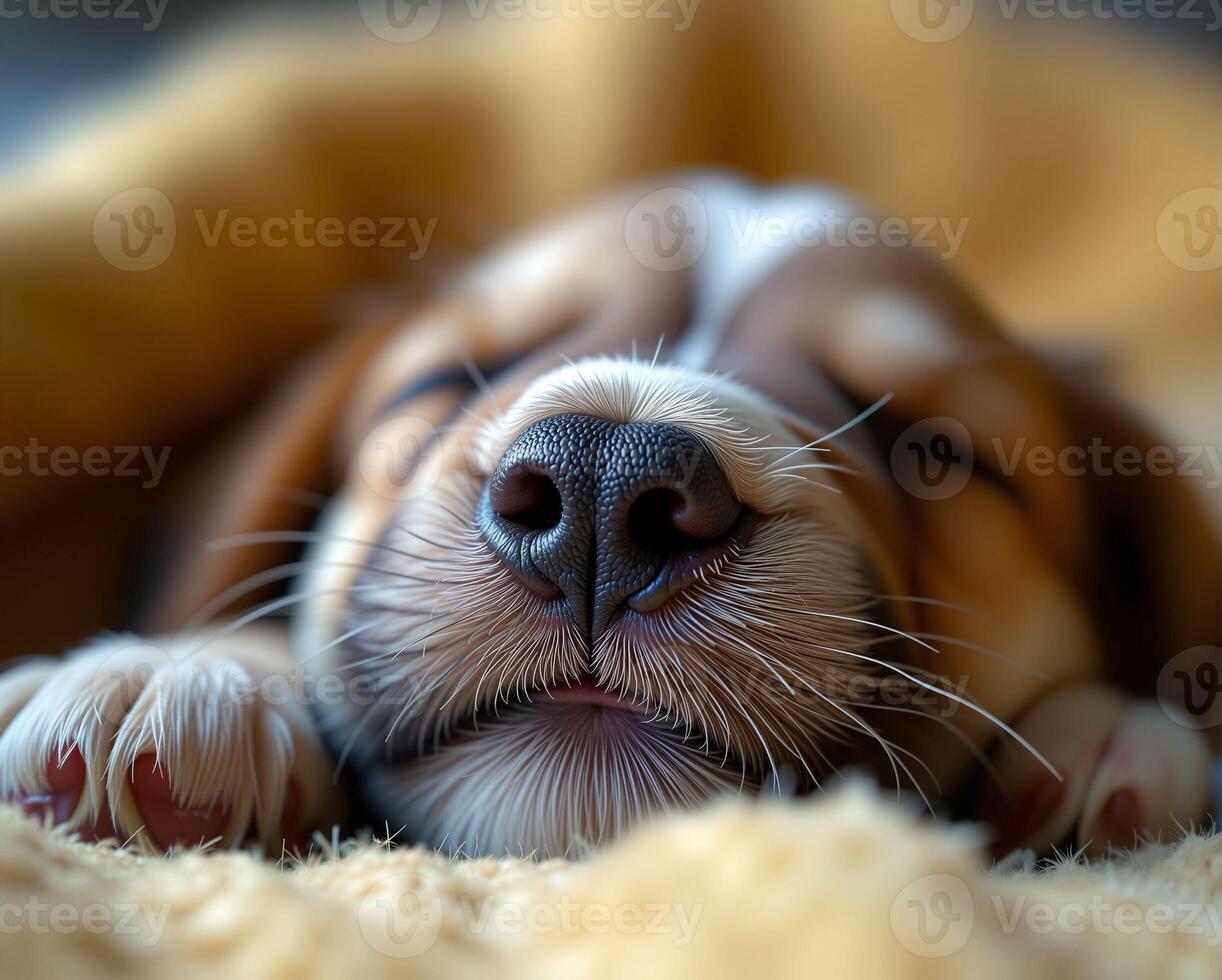 Sleeping Puppy with Soft Fur on Cozy Blanket Close-Up photo