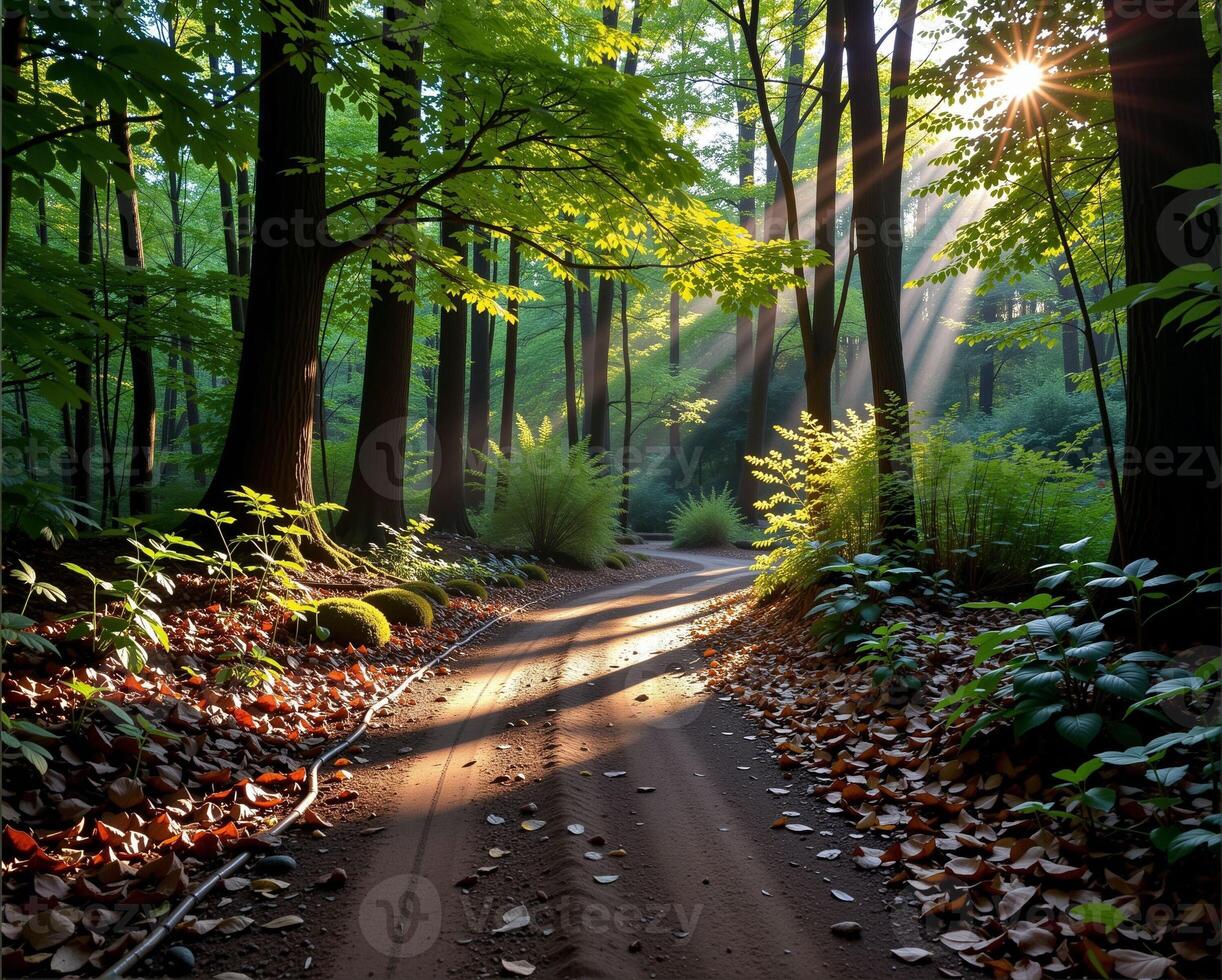 Serene Forest Path with Sunlight Streaming Through Trees photo