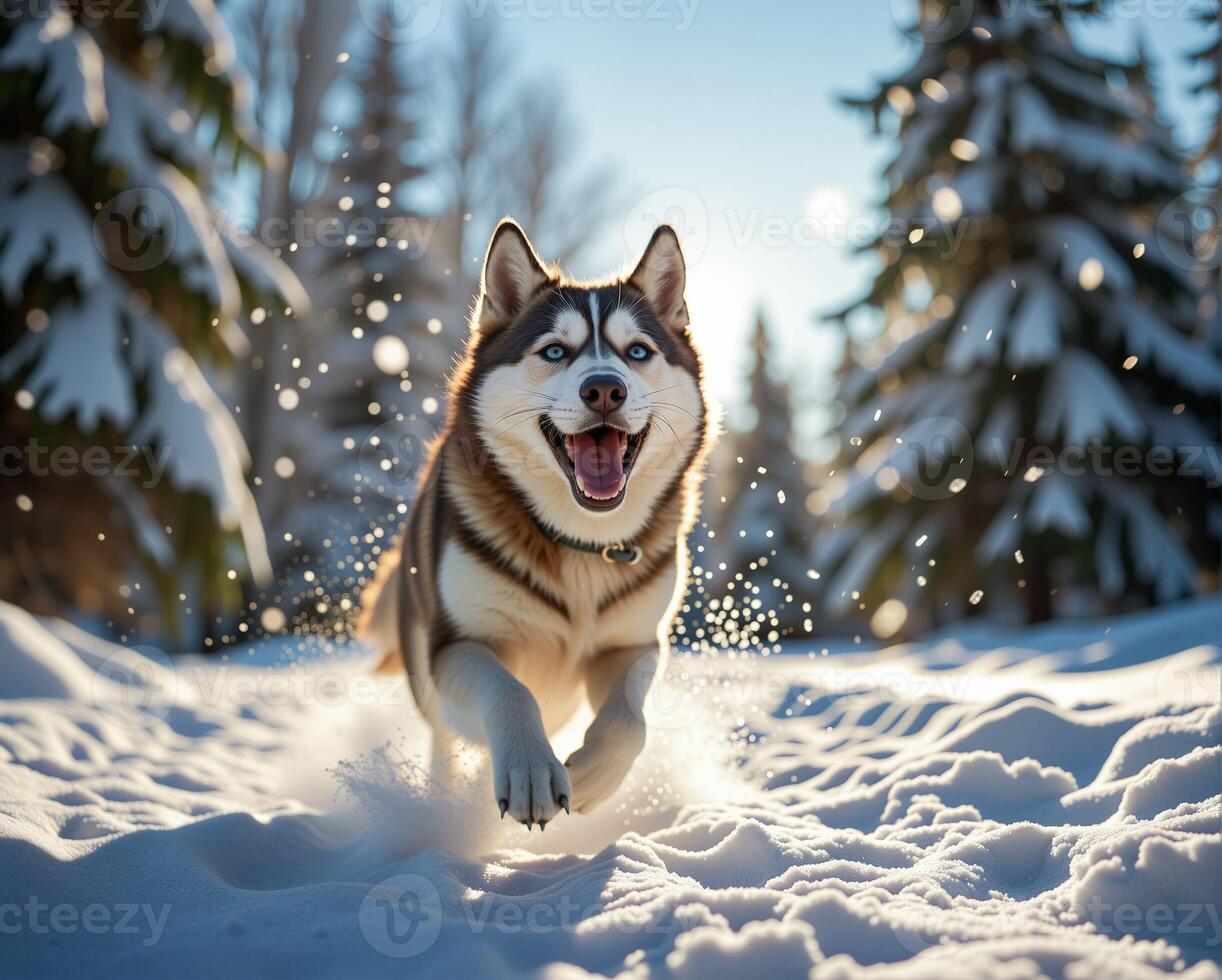 Happy Siberian Husky Running Through Snowy Winter Landscape photo