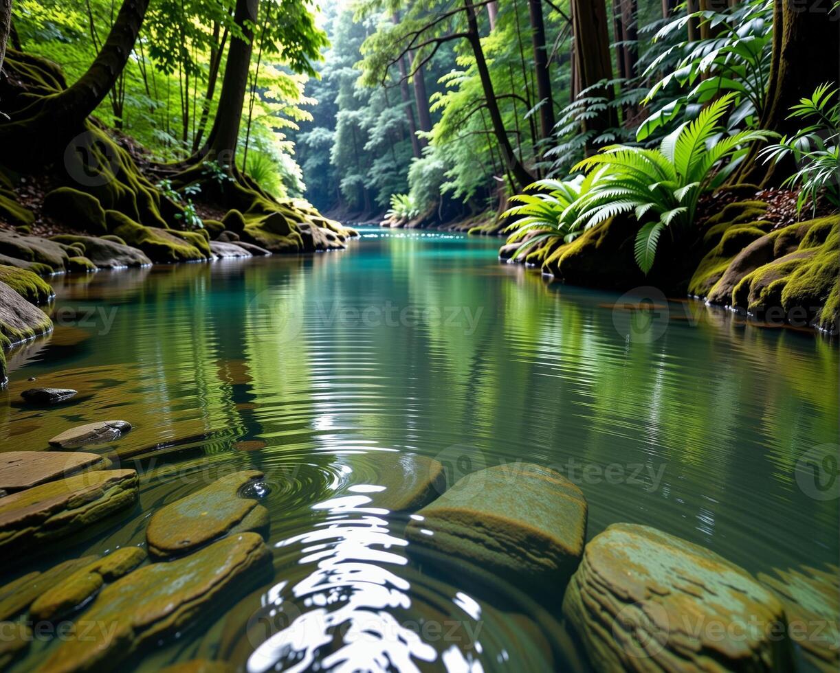 Serene Forest River with Smooth Stones and Lush Green Foliage photo