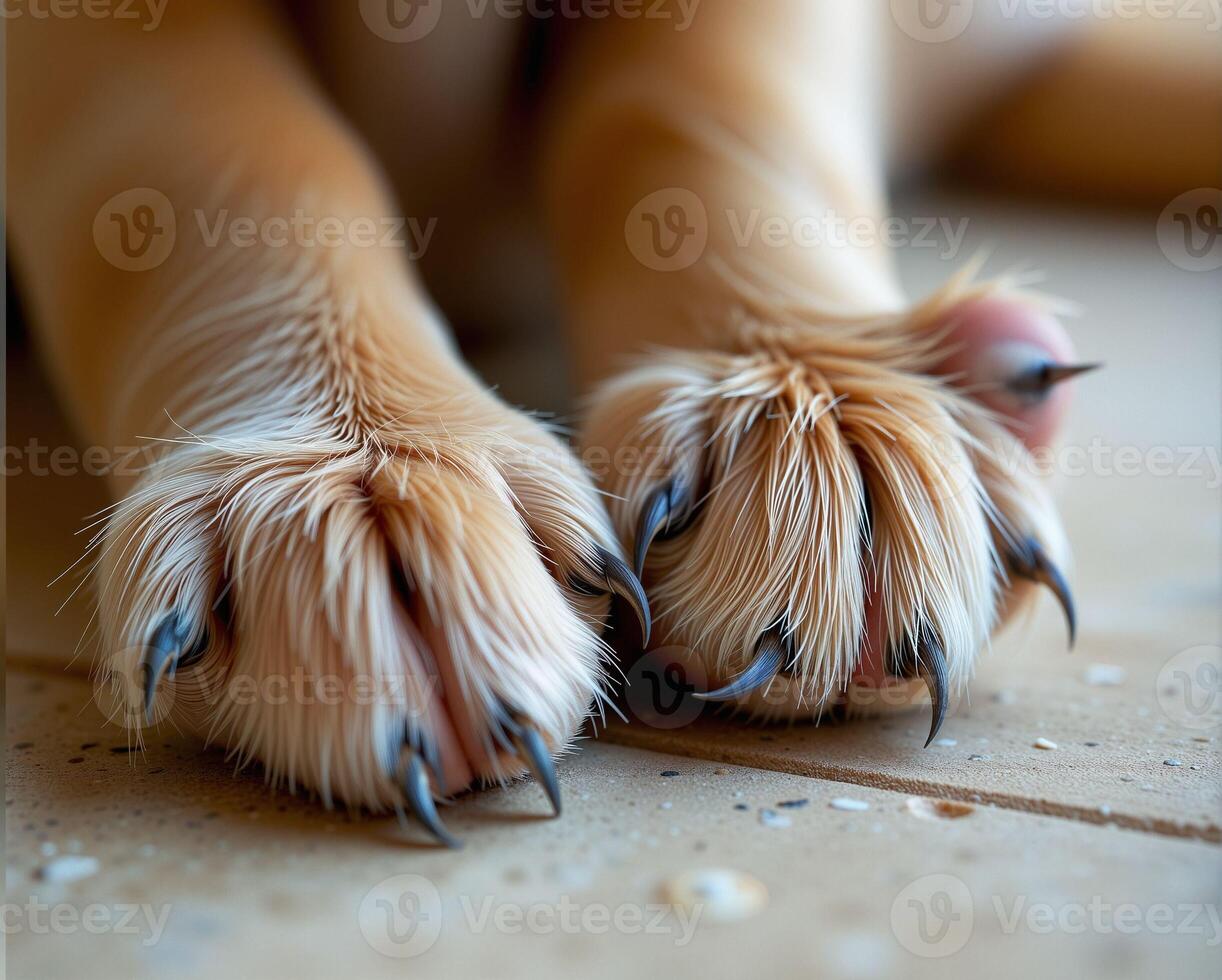 Close-up Of Dog Paws With Soft Fur And Sharp Claws On Floor photo