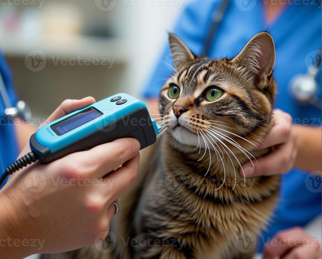 Veterinarian Examining Tabby Cat with Medical Equipment in Clinic photo