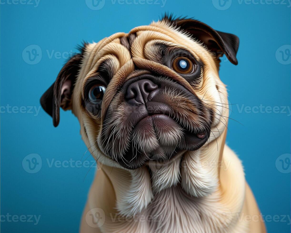 Cute Pug Dog with Expressive Eyes on Vibrant Blue Background photo