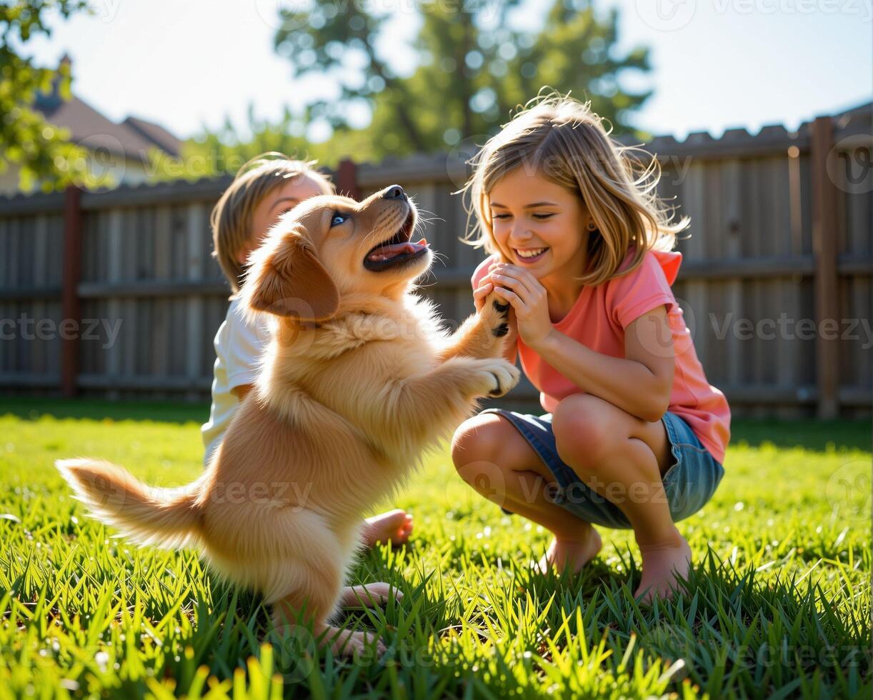 Joyful Children Playing with a Golden Retriever Puppy in Backyard photo