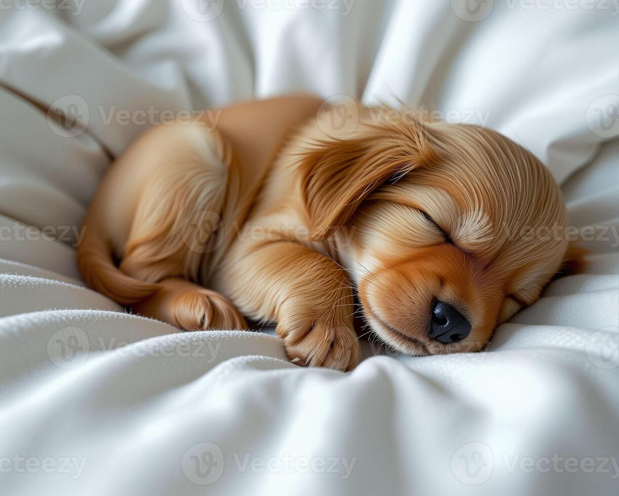 Adorable Golden Puppy Sleeping Peacefully on Soft White Blanket photo