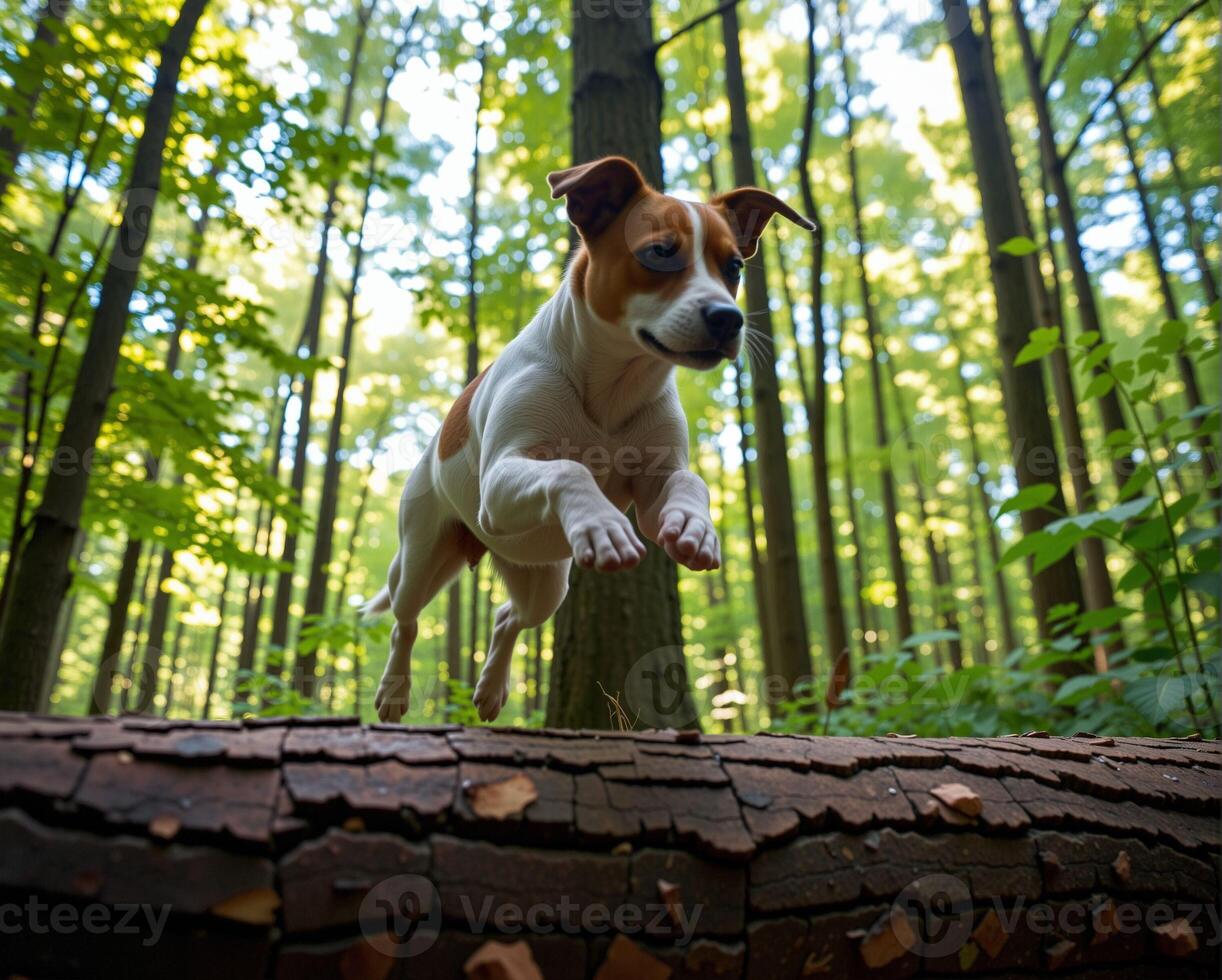 Playful Dog Jumping Over Log in Green Forest Setting photo