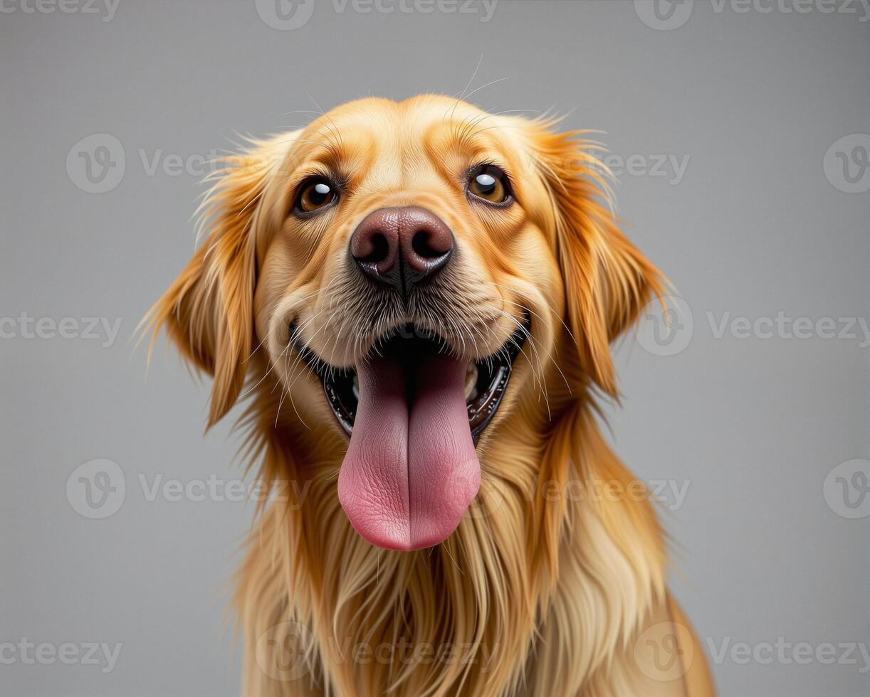 Happy Golden Retriever with Tongue Out on Neutral Background photo