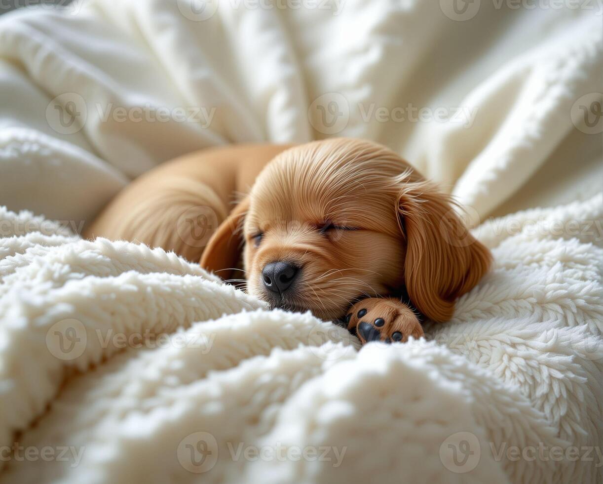 Adorable Puppy Sleeping Peacefully on Soft White Blanket photo