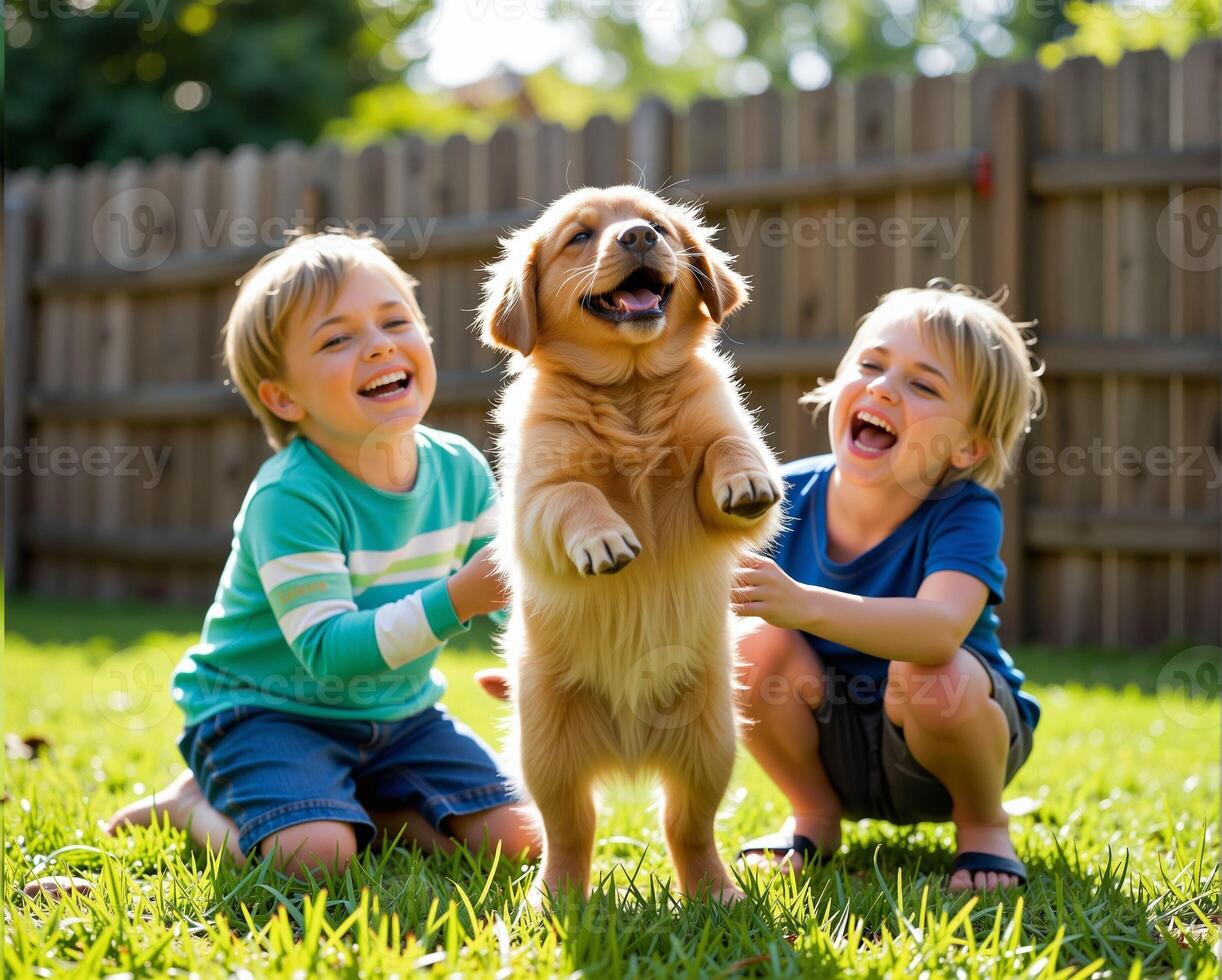 Happy Children Playing with Golden Retriever in Sunny Backyard photo