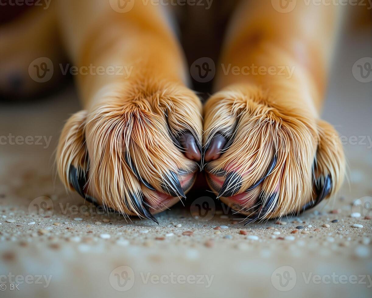 Close-Up of Fluffy Dog Paws with Soft Fur and Sharp Claws photo