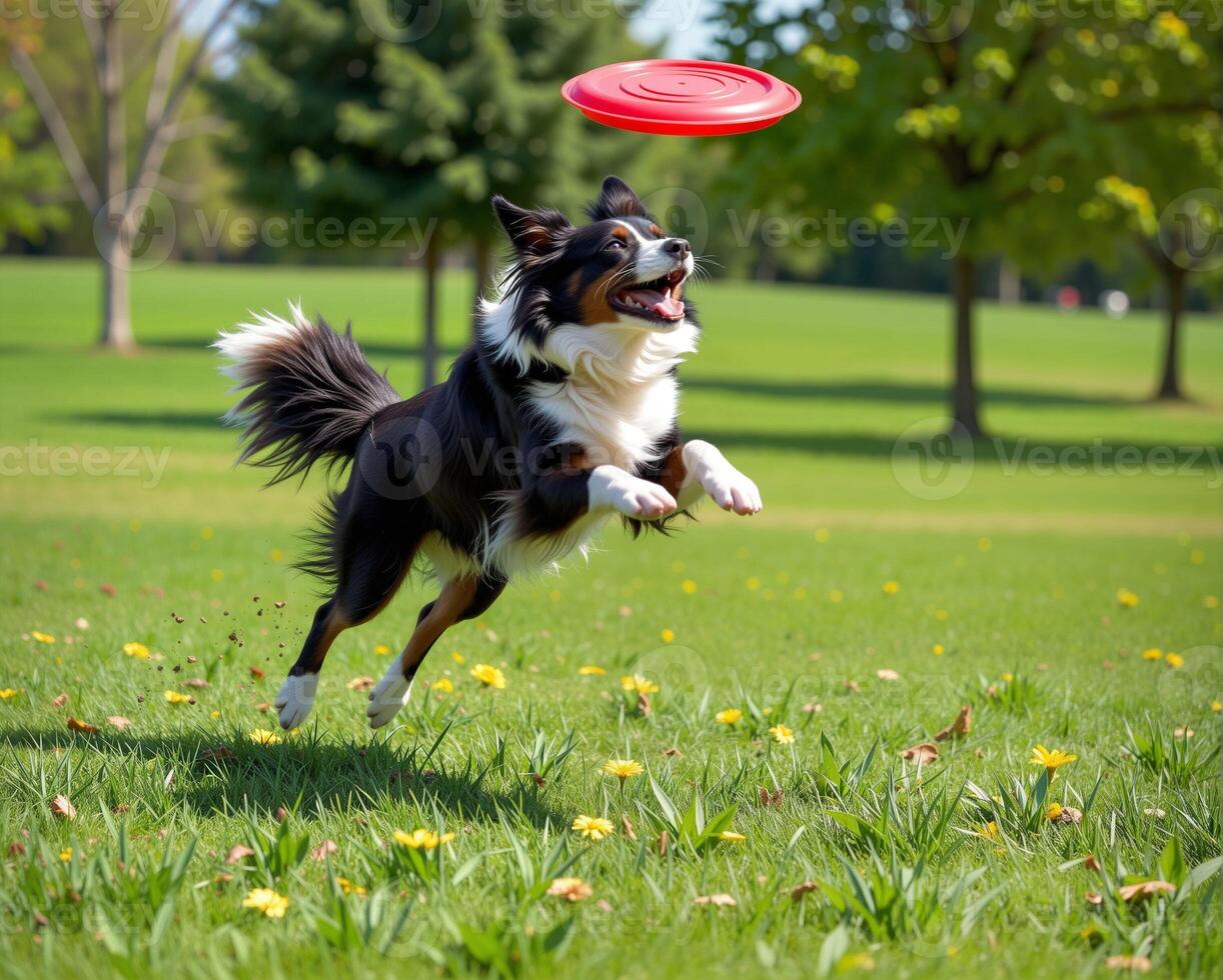 Happy Dog Leaping in Air to Catch Frisbee in Sunny Park Setting photo