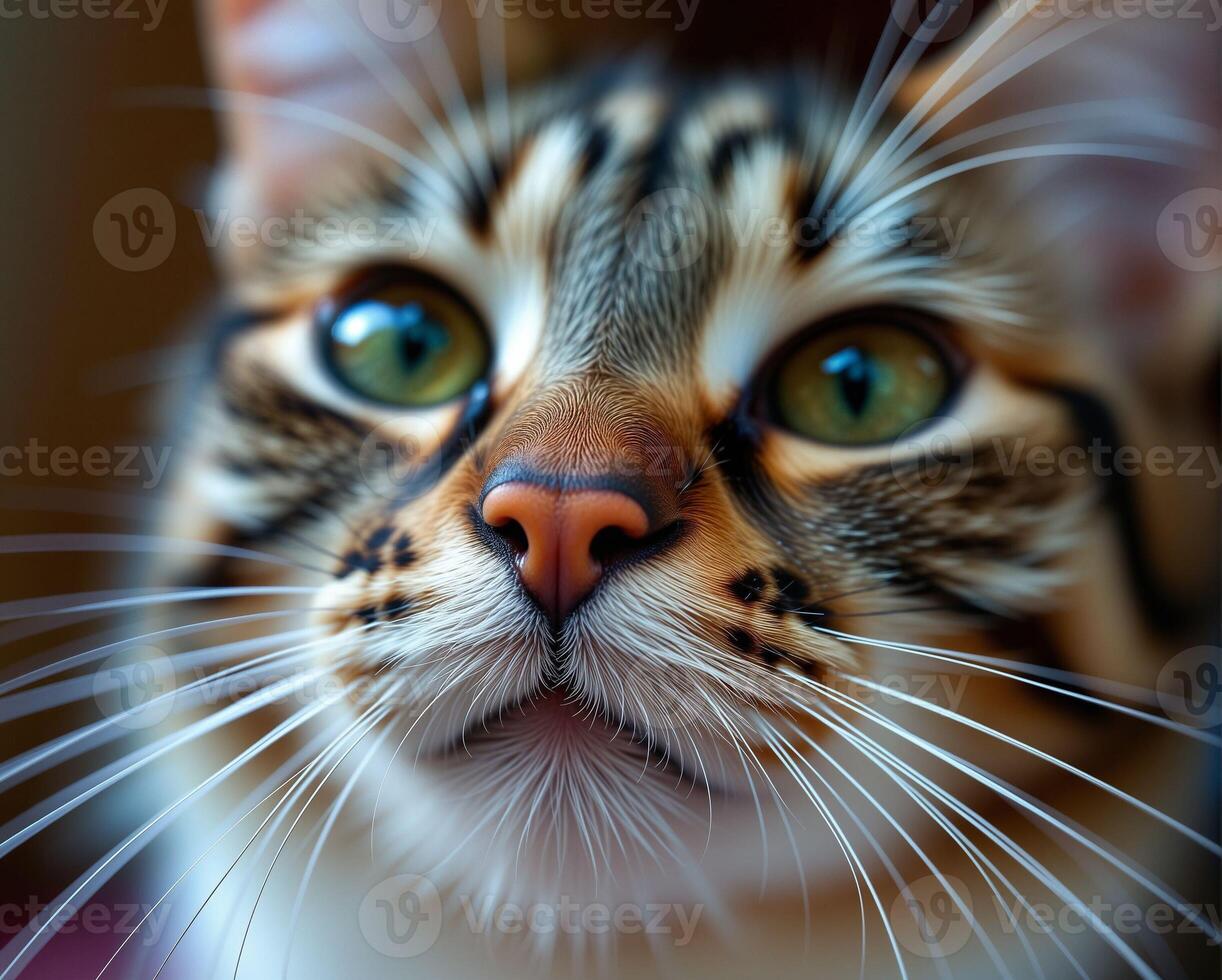 Close-up of Playful Cat with Striking Green Eyes and Whiskers photo