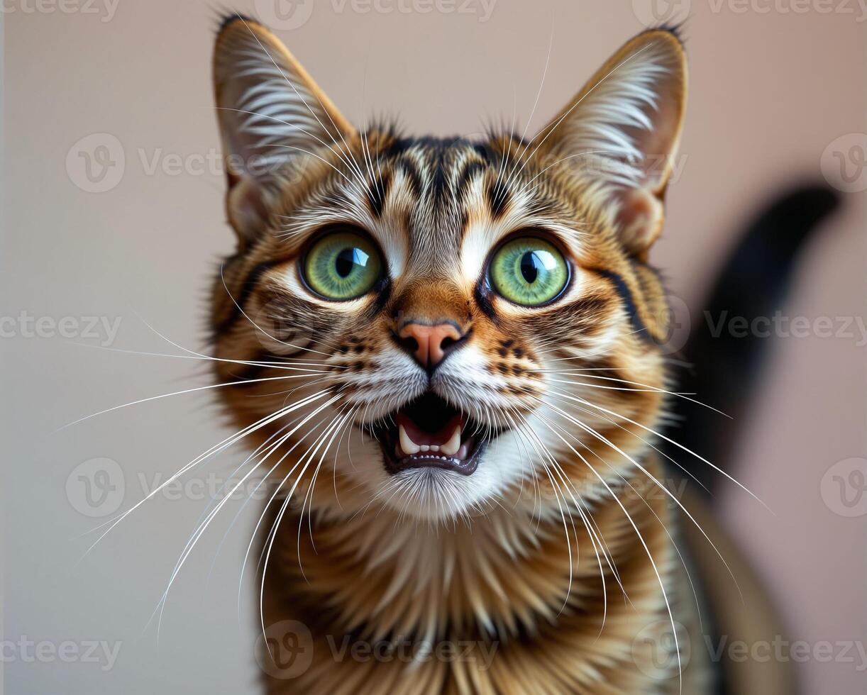Curious Bengal Cat with Striking Green Eyes and Playful Expression photo