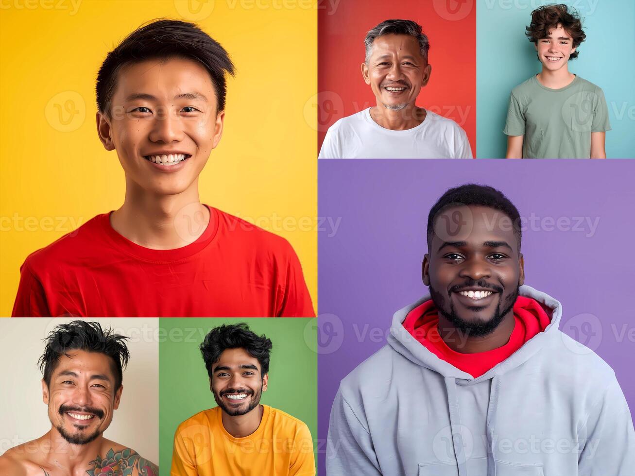 Carefree multiracial people, man and woman, showing happy smiles. Collection mosaic close portraits over colorful studio background, creative image photo