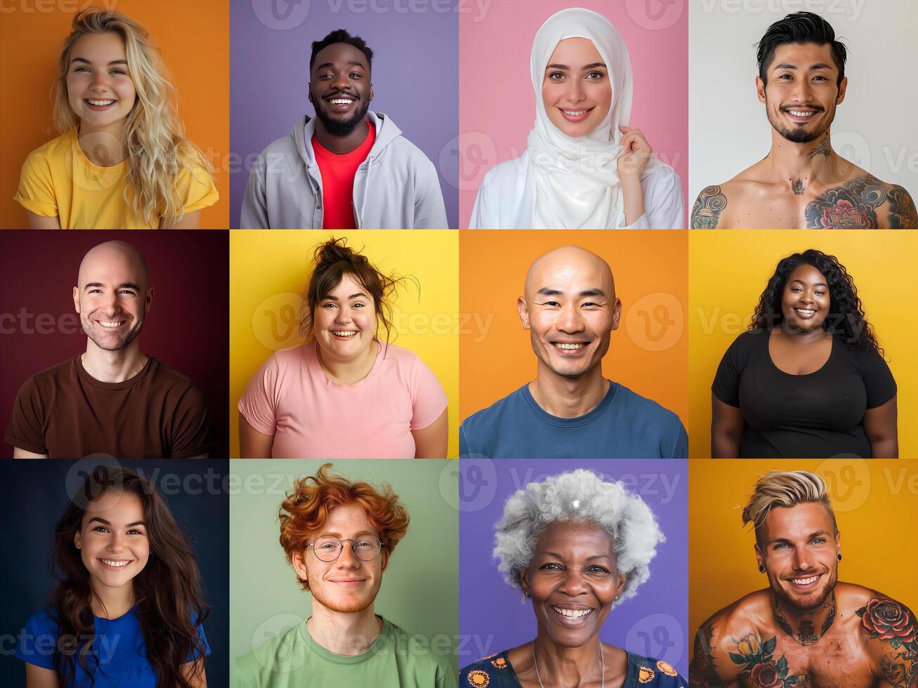 Carefree multiracial people, man and woman, showing happy smiles. Collection mosaic close portraits photo