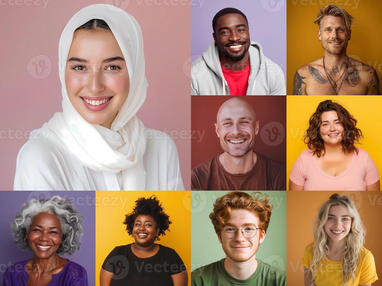 Carefree multiracial people, man and woman, showing happy smiles. Collection mosaic close portraits over colorful studio background photo