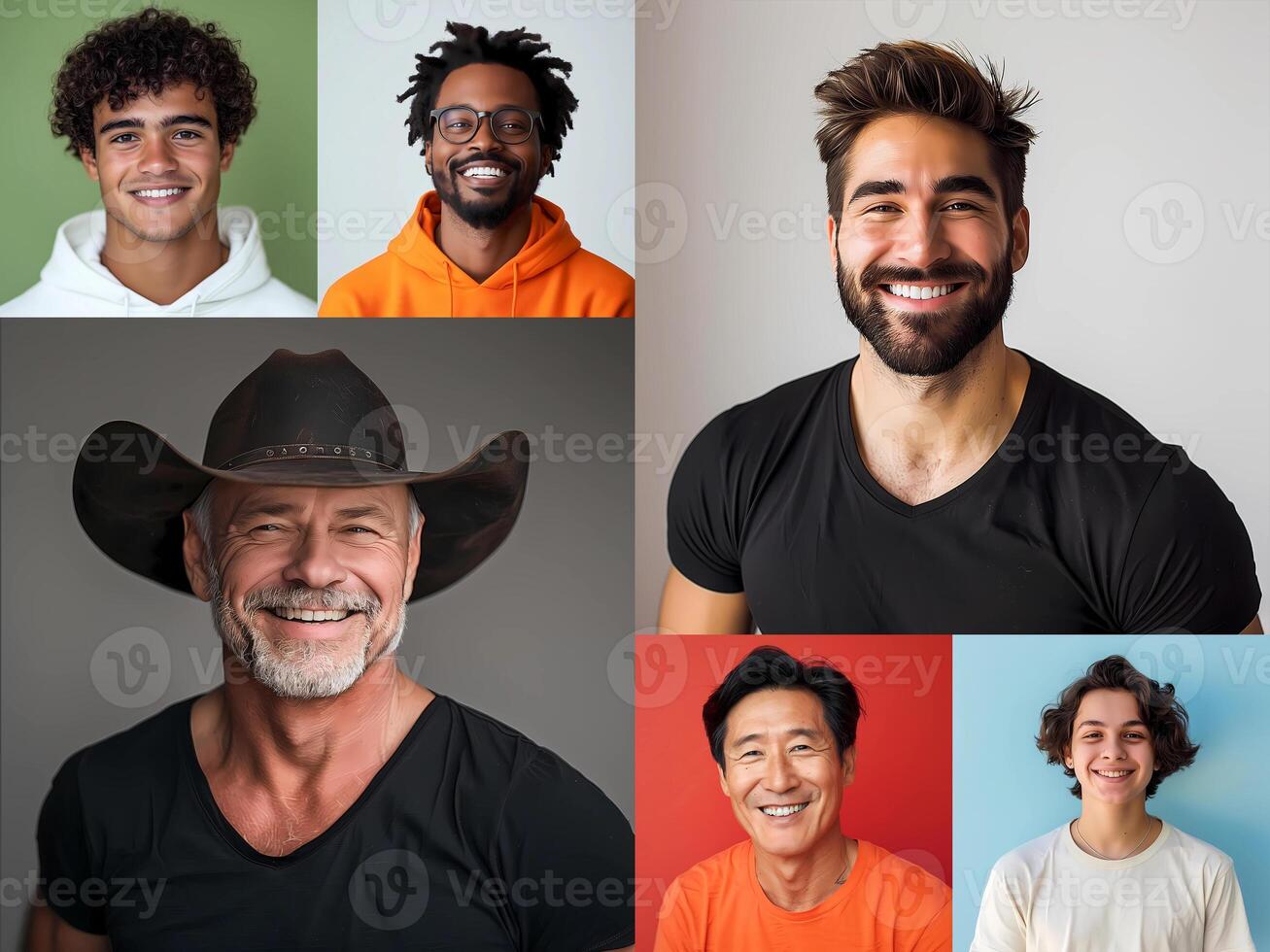 Carefree multiracial people, man and woman, showing happy smiles. Collection mosaic close portraits over colorful studio background, creative image, square photo