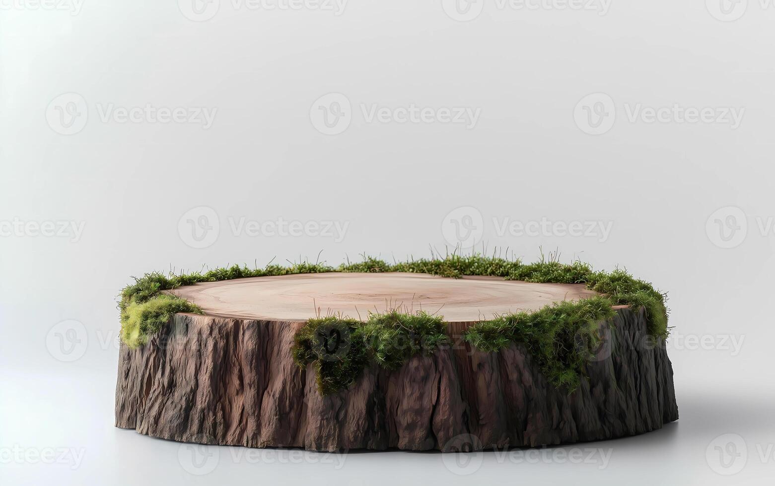 minimalistic podium made from a tree stump and moss on a white background photo