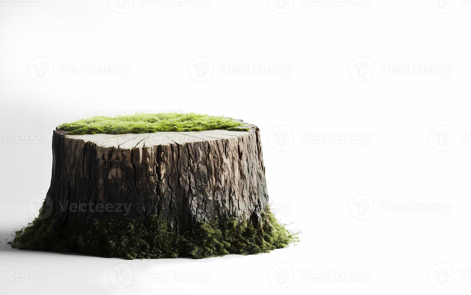 a minimalistic podium made from a tree stump and moss on a white background. A studio shot on a light gray background with soft lighting. Product display for organic eco cosmetic photo