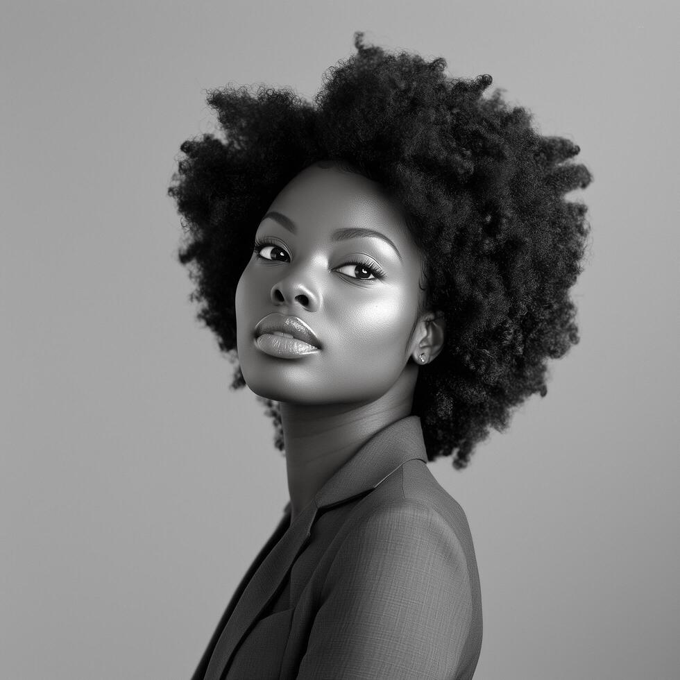 beautiful woman with afro hair. Beautiful monochrome photo of African American with afro style